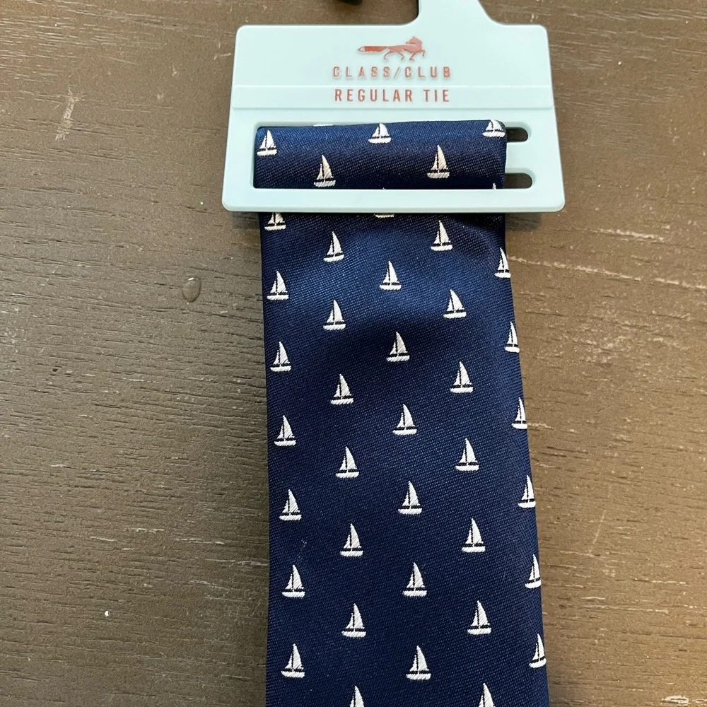 Class Club Boys Navy Blue White Sailboat Nautical Sailing Tie NWT Silk Blend